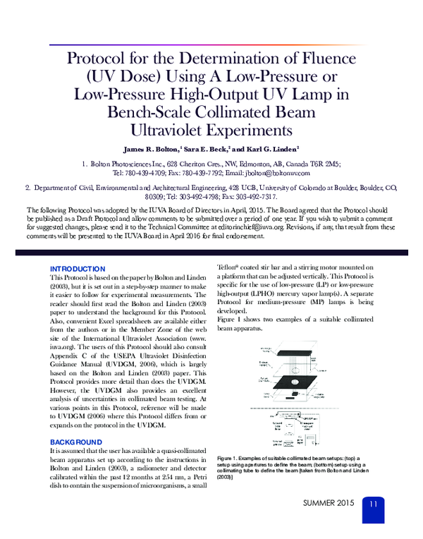 (PDF) Protocol for the Determination of Fluence (UV Dose) Using A Low ...