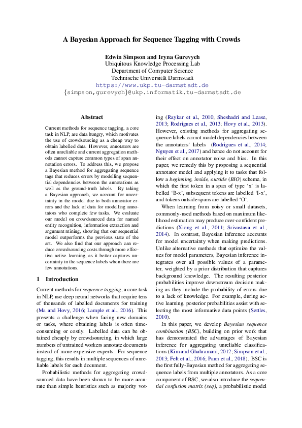 (PDF) A Bayesian Approach for Sequence Tagging with Crowds