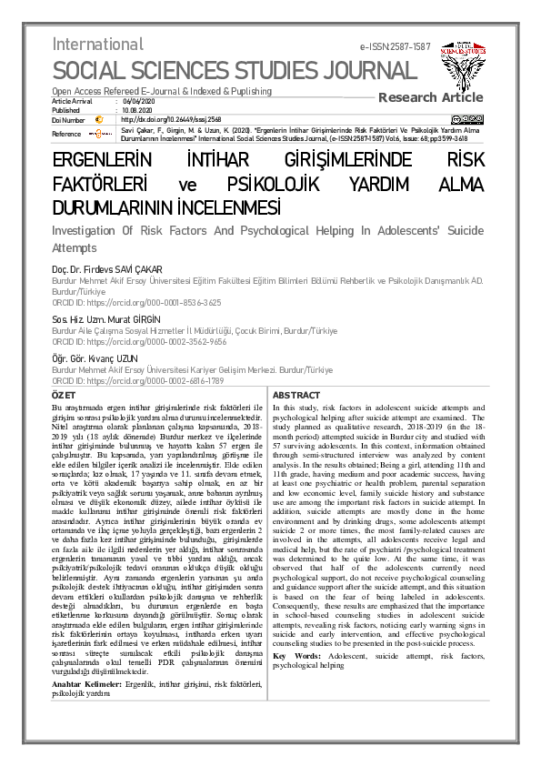 (PDF) Ergenlerin İntihar Girişimlerinde Risk Faktörleri ve Psikolojik ...