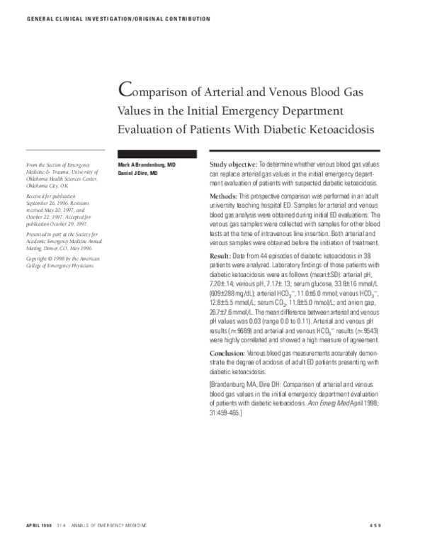 (PDF) Comparison of Arterial and Venous Blood Gas Values in the Initial