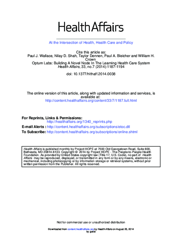 (PDF) Optum Labs building a novel node in the learning health care