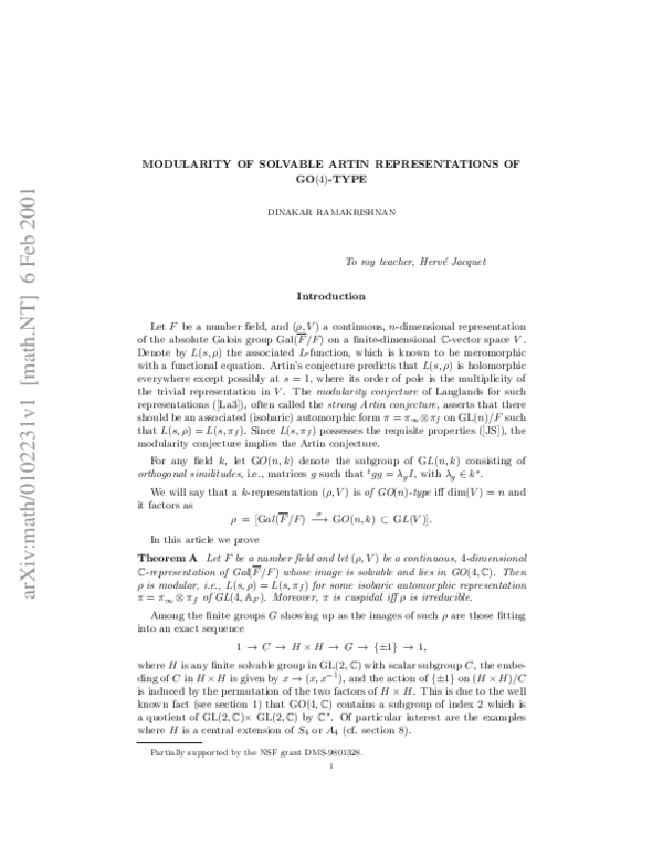 (PDF) Modularity of solvable Artin representations of GO(4)-type