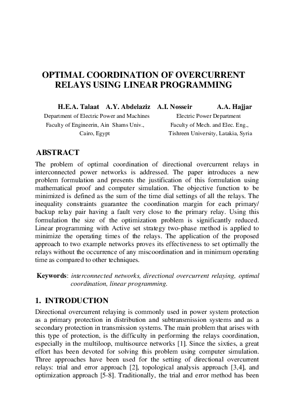 (PDF) Optimal Coordination Of Overcureent Relays By Linear Programming ...
