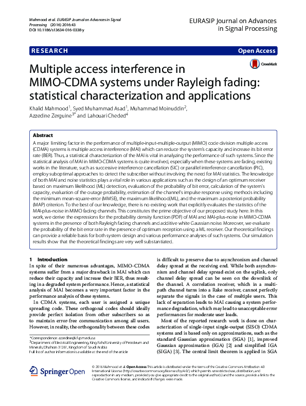 (PDF) Multiple access interference in MIMO-CDMA systems under Rayleigh ...