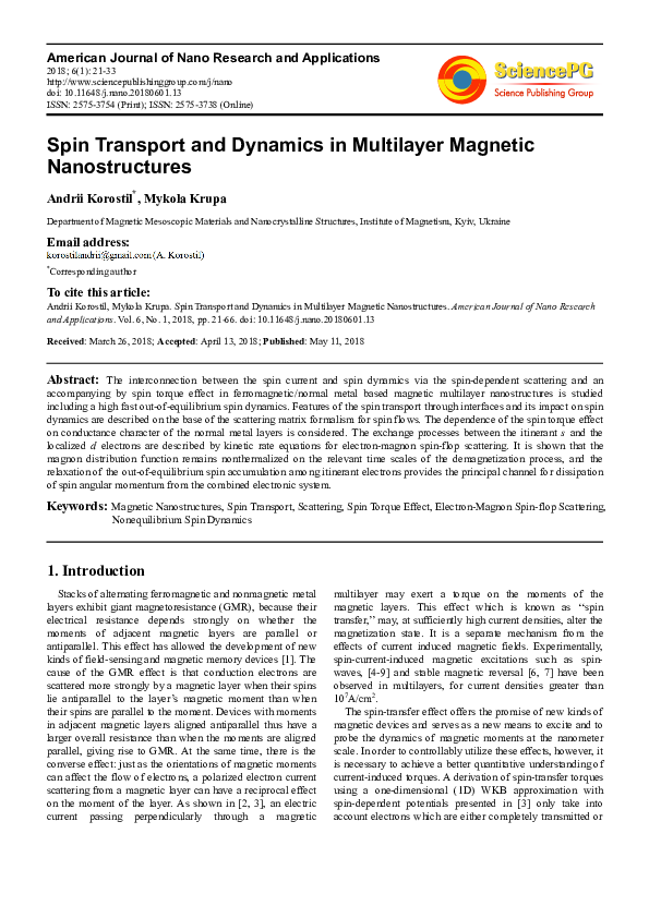 (PDF) Spin Transport and Dynamics in Multilayer Magnetic Nanostructures