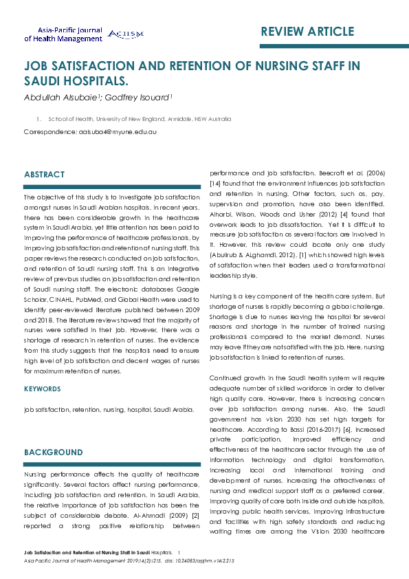 (PDF) Job Satisfaction and Retention of Nursing Staff: The Impact of ...