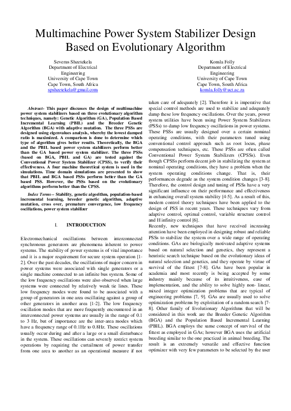 (PDF) Multimachine Power System Stabilizer Design Based on Evolutionary ...