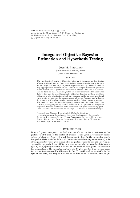(PDF) Integrated Objective Bayesian Estimation and Hypothesis Testing