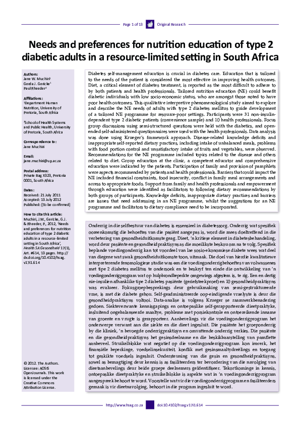 (PDF) Needs and preferences for nutrition education of type 2 diabetic ...