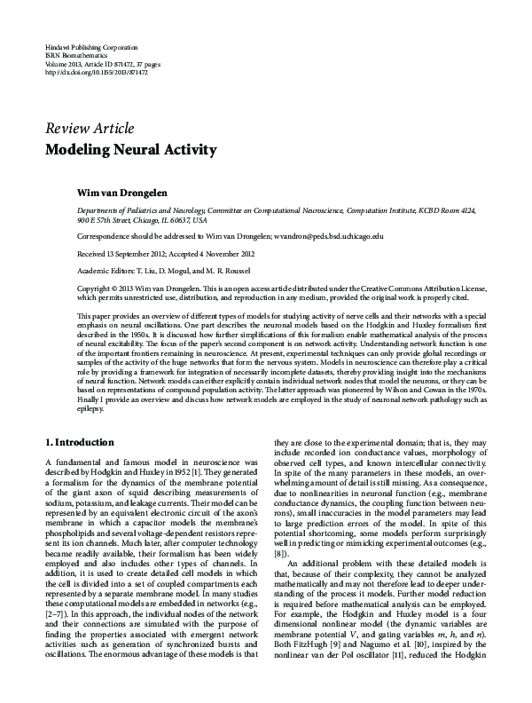 (PDF) Modeling Neural Activity