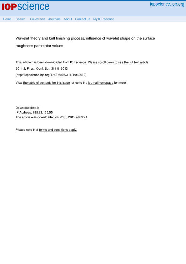 (PDF) Wavelet theory and belt finishing process, influence of wavelet