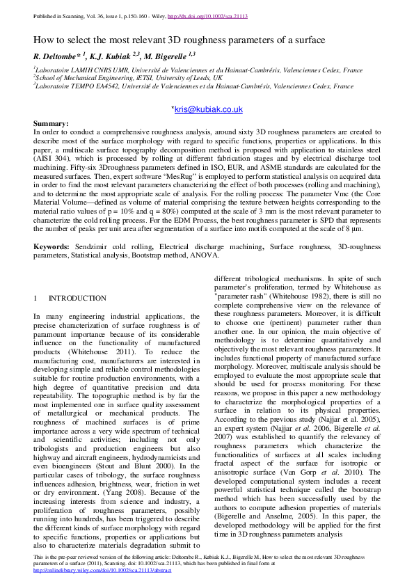 (PDF) How to select the most relevant 3D roughness parameters of a surface