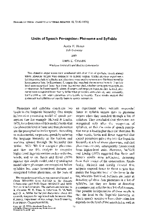 (PDF) Units of speech perception: Phoneme and syllable