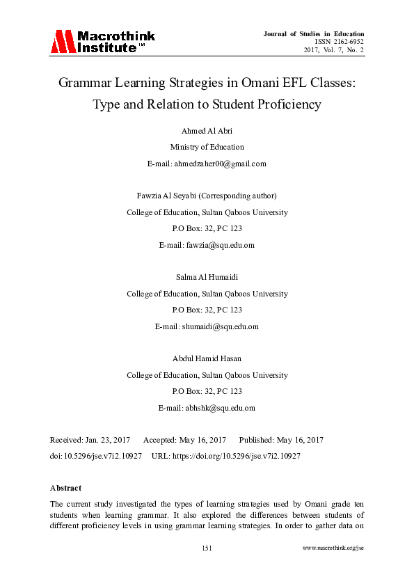 (PDF) Grammar Learning Strategies in Omani EFL Classes: Type and ...