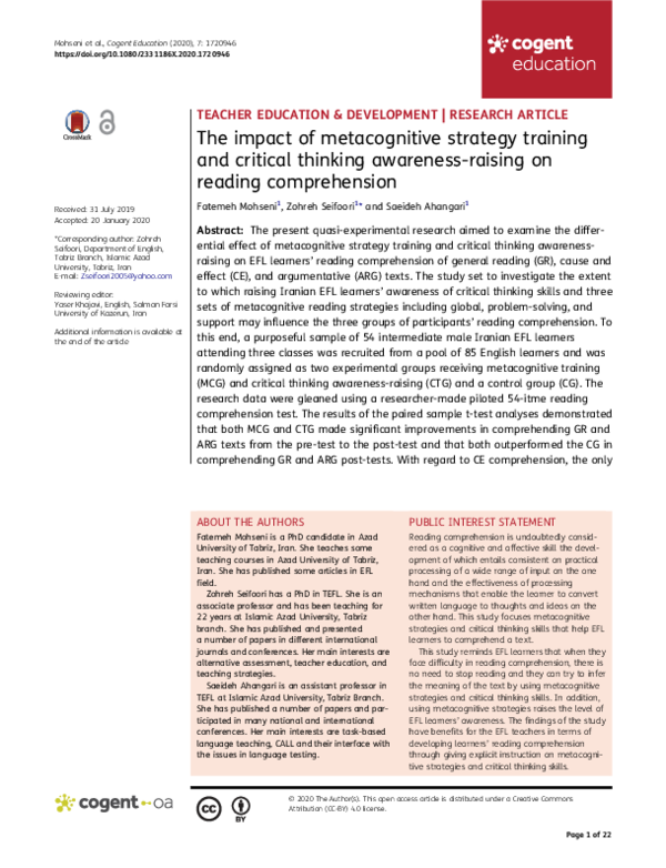 (PDF) The impact of metacognitive strategy training and critical ...