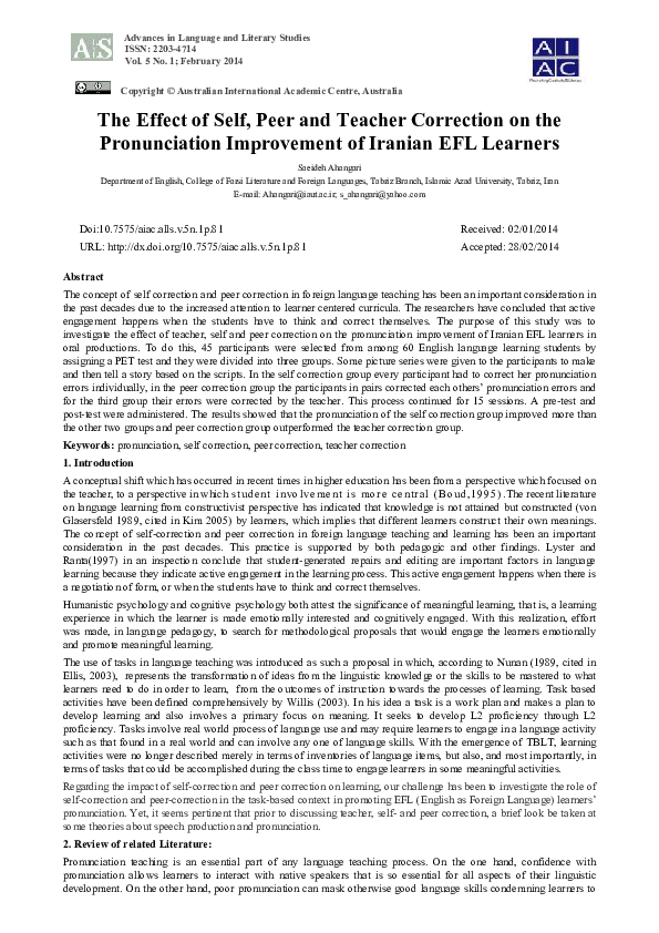 (PDF) The Effect of Self, Peer and Teacher Correction on the ...
