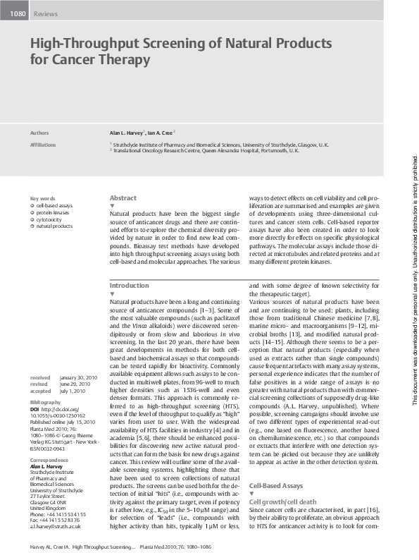 (PDF) High-Throughput Screening of Natural Products for Cancer Therapy