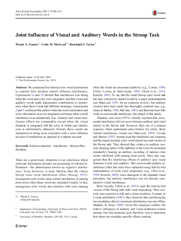 (PDF) Joint Influence of Visual and Auditory Words in the Stroop Task