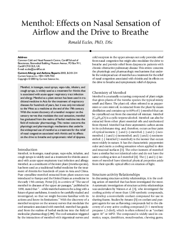 (PDF) Menthol: effects on nasal sensation of airflow and the drive to ...