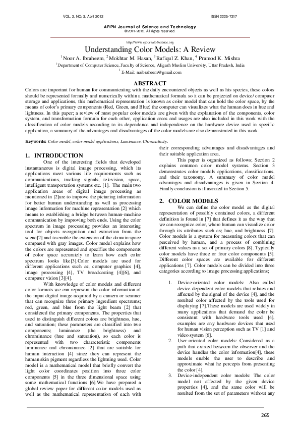 (PDF) Understanding Color Models: A Review