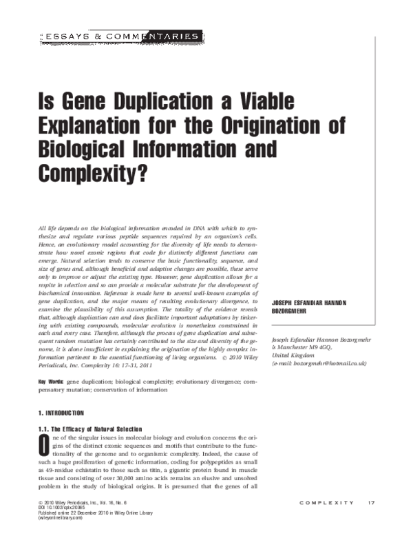 (PDF) Is gene duplication a viable explanation for the origination of ...