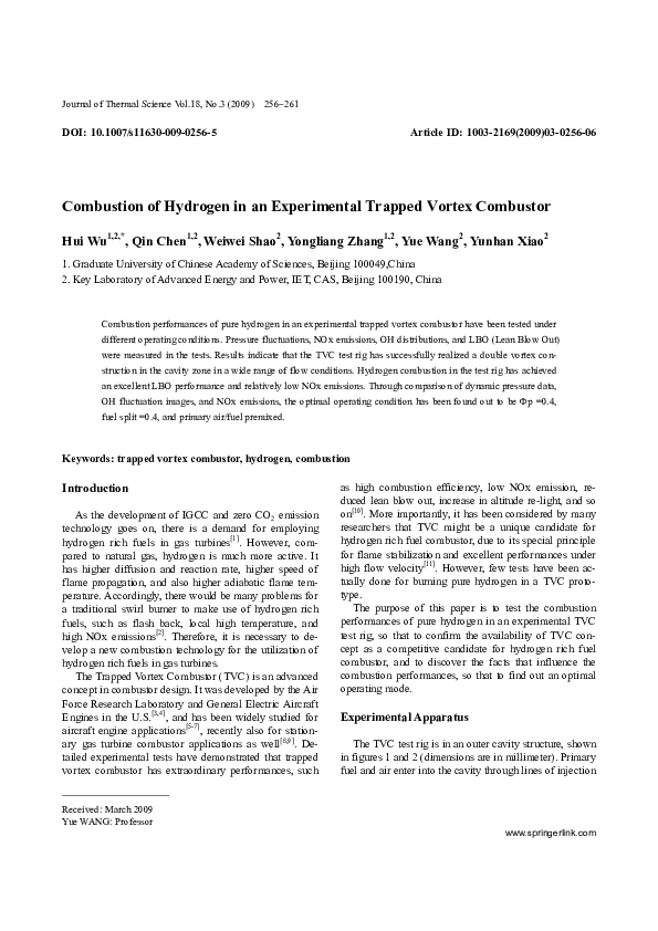 (PDF) Combustion of hydrogen in an experimental trapped vortex combustor