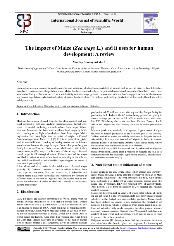 (PDF) The impact of Maize (Zea mays L.) and it uses for human ...