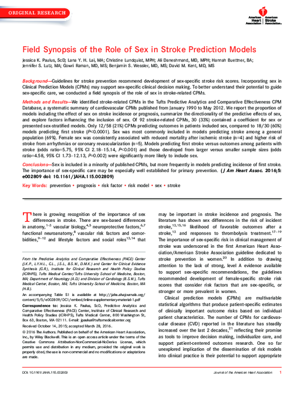 (PDF) Field Synopsis of the Role of Sex in Stroke Prediction Models