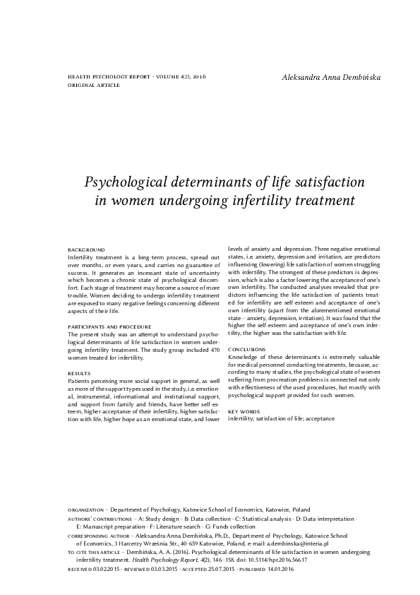 (PDF) Psychological determinants of life satisfaction in women ...