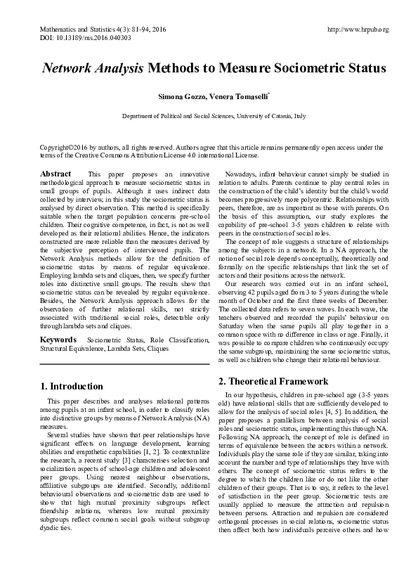 (PDF) Network Analysis Methods to Measure Sociometric Status