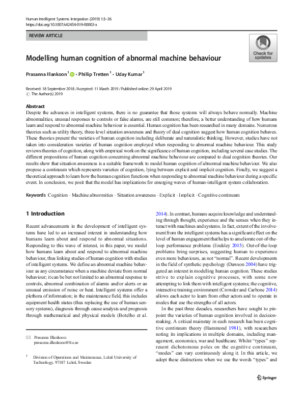 (PDF) Modelling human cognition of abnormal machine behaviour