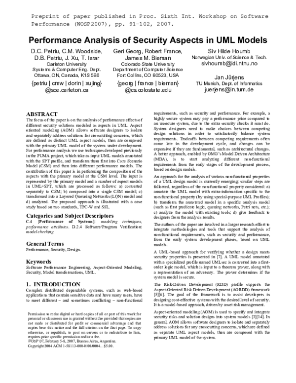 (PDF) Performance analysis of security aspects in UML models