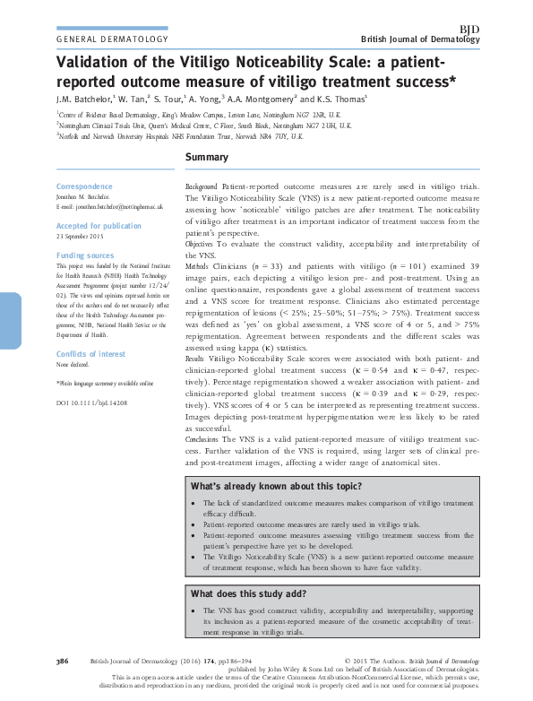 (PDF) Validation of the Vitiligo noticeability scale: a patient ...