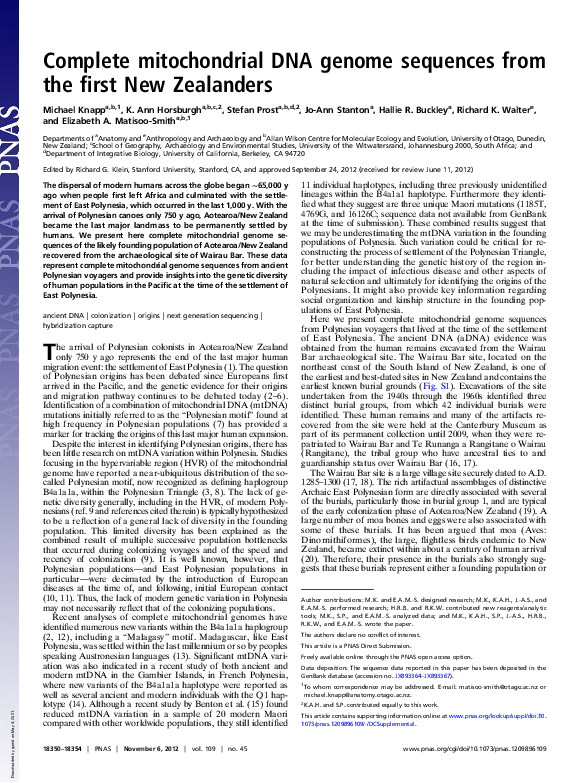 (PDF) Complete mitochondrial DNA genome sequences from the first New ...