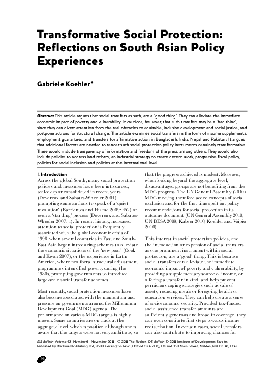 (PDF) Transformative Social Protection: Reflections on South Asian ...