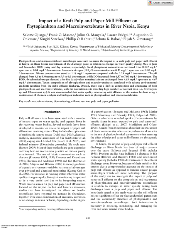(PDF) Impact of a Kraft Pulp and Paper Mill Effluent on Phytoplankton ...