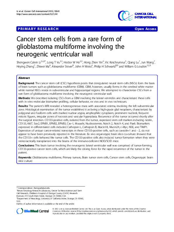 (PDF) Cancer stem cells from a rare form of glioblastoma multiforme ...