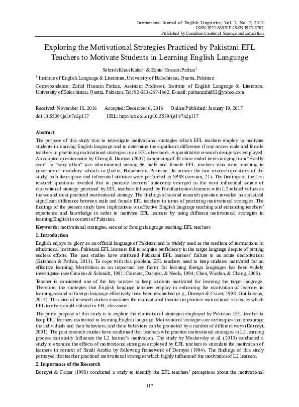 (PDF) Exploring the Motivational Strategies Practiced by Pakistani EFL ...