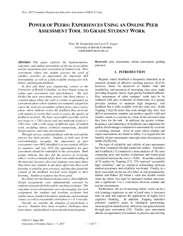 (PDF) Power of Peers: Experiences Using an Online Peer Assessment Tool ...