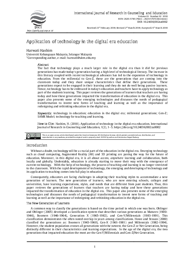 (PDF) Application of Technology in the Digital Era Education