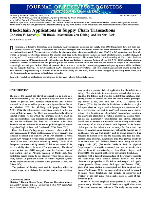 (PDF) Blockchain Applications in Supply Chain Transactions