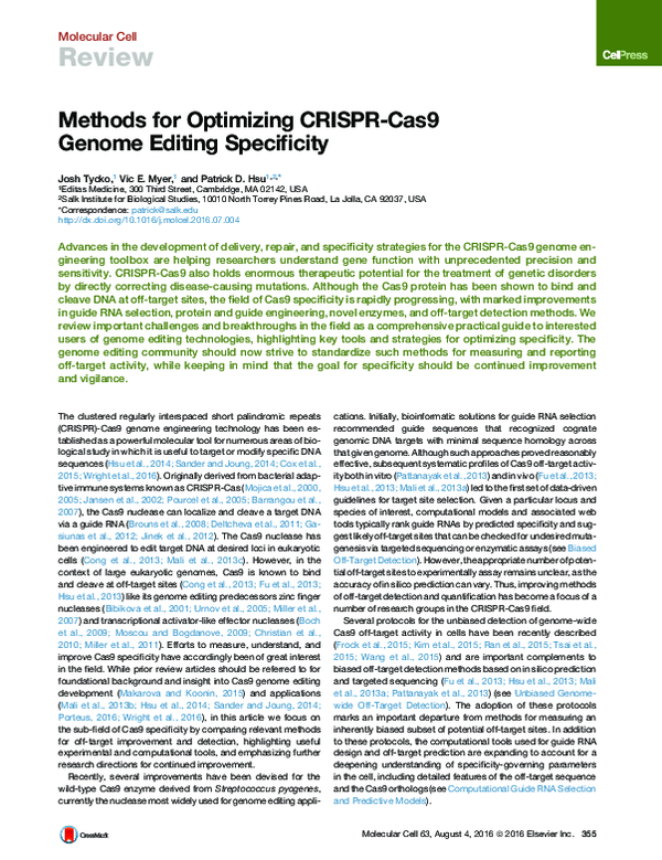 (PDF) Methods for Optimizing CRISPR-Cas9 Genome Editing Specificity