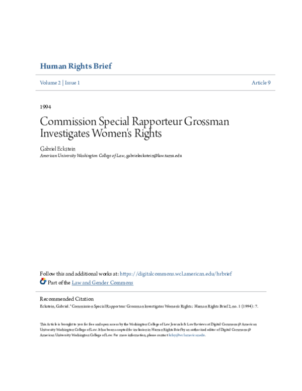 Pdf Commission Special Rapporteur Grossman Investigates Women S Rights Gabriel Eckstein Academia Edu