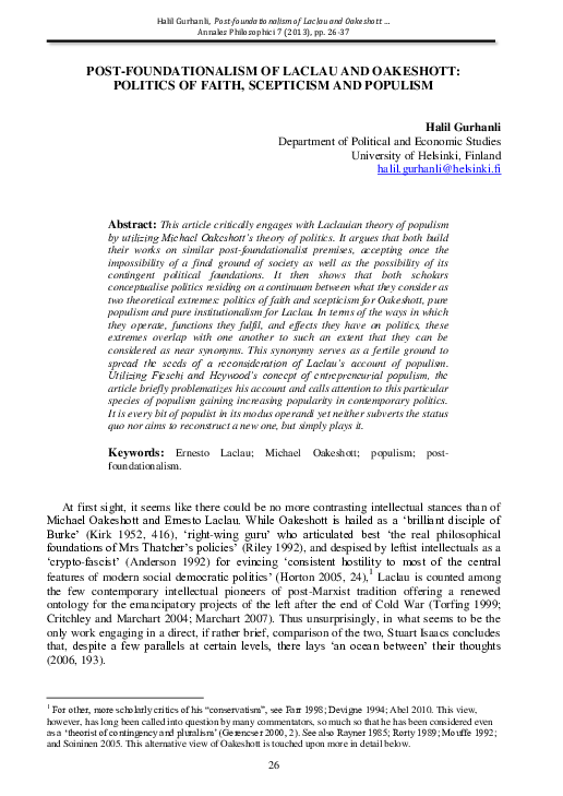 (PDF) PostFoundationalism of Laclau and Oakeshott Politics of Faith