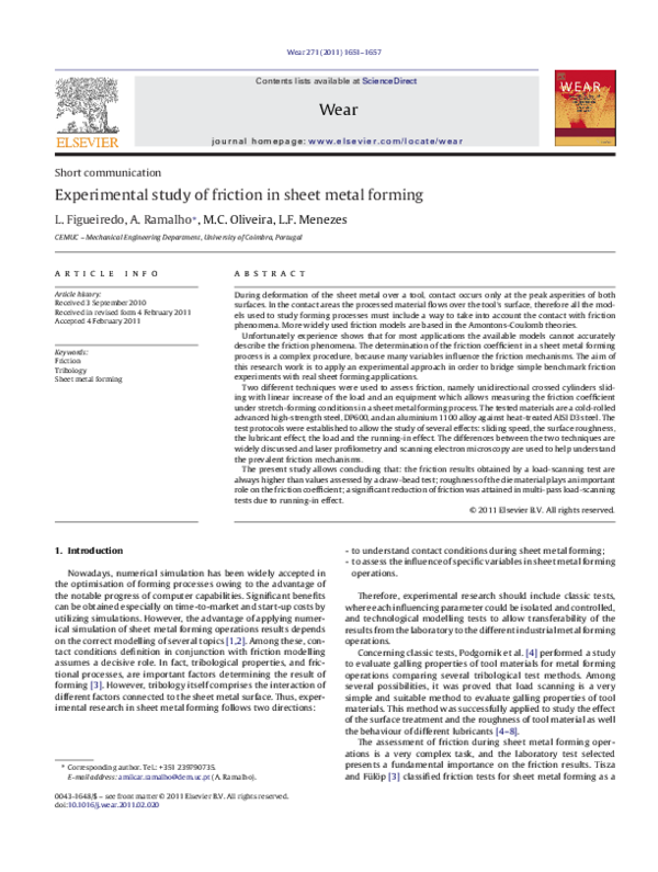 (PDF) Experimental study of friction in sheet metal forming