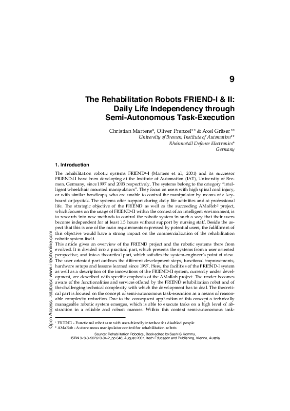 (PDF) The Rehabilitation Robots FRIEND-I & II: Daily Life Independency ...