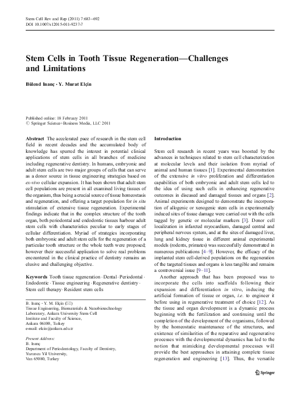 (PDF) Stem Cells in Tooth Tissue Regeneration—Challenges and Limitations