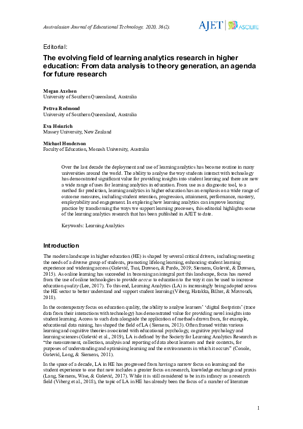 (PDF) The evolving field of learning analytics research in higher education