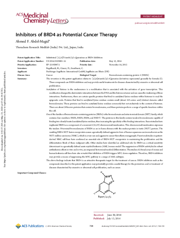 (PDF) Inhibitors of BRD4 as Potential Cancer Therapy