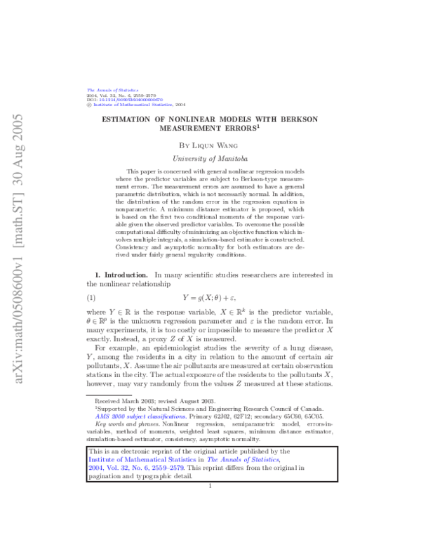 (PDF) Estimation of nonlinear models with Berkson measurement errors